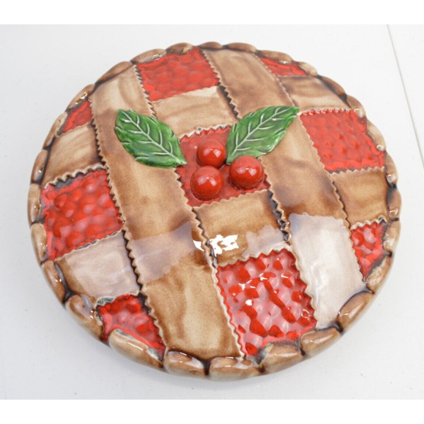 Vintage Ceramic Cherry Pie Crust Plate Dish Keeper Covered Made In Portugal