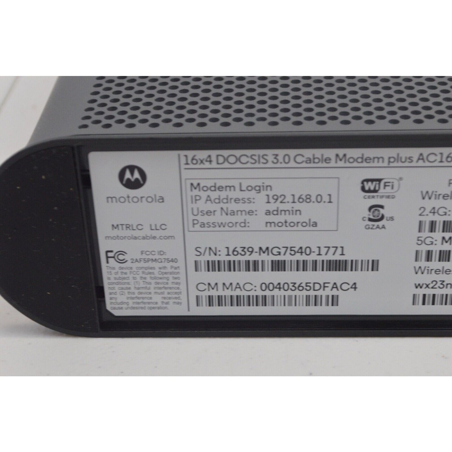 Motorola MG7540 16x4 Cable Modem + AC1600 Router Dual Band 3.0 Black