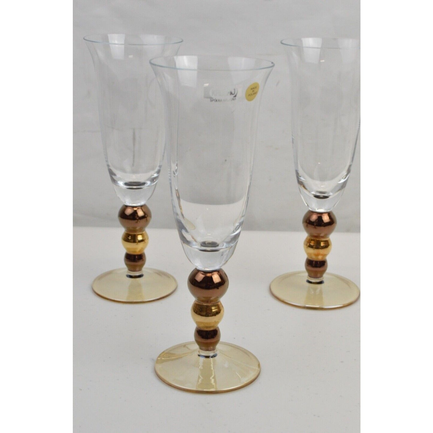 Set x3 Krosno Made In Poland Wine Glass Goblet Ball Gold Stem