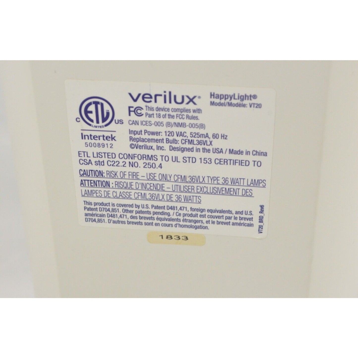 Verilux Happy Light VT20 Seasonal Therapy Lamp White Compact Personal