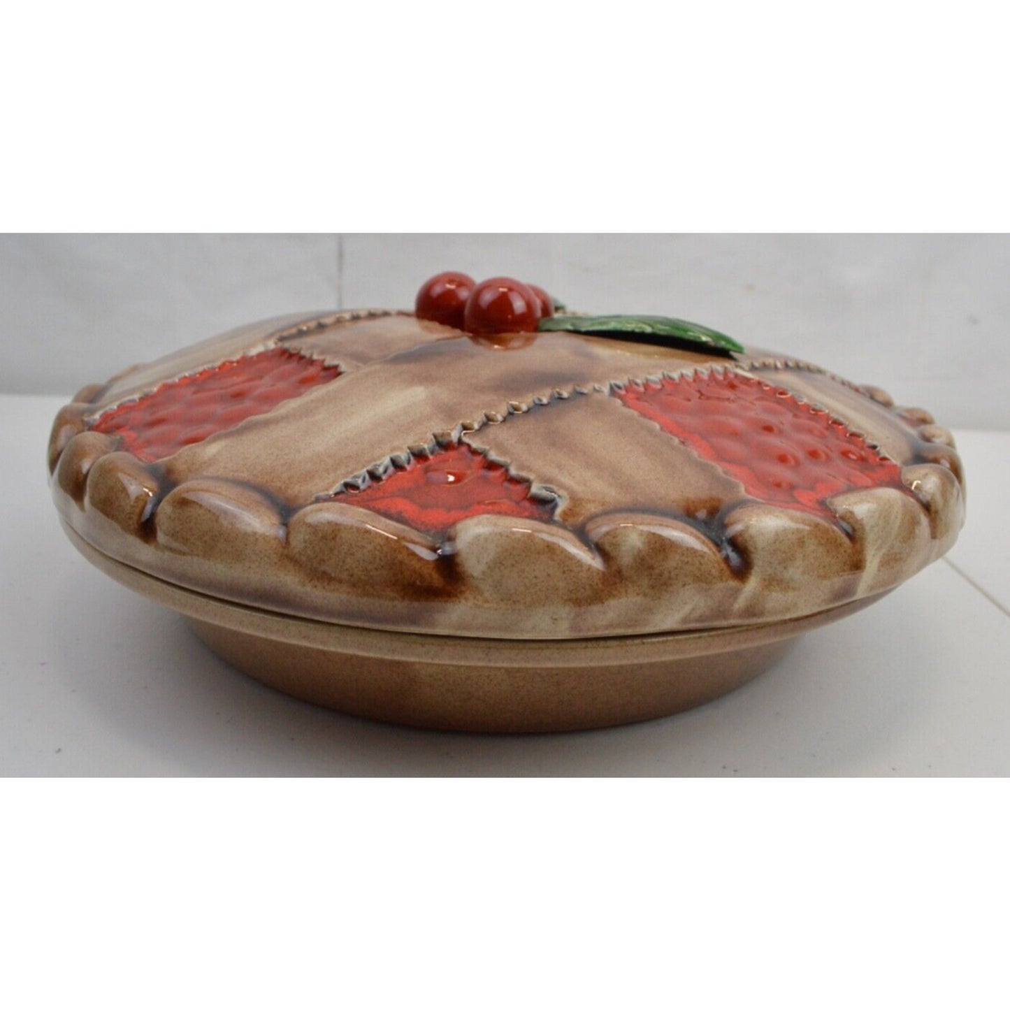 Vintage Ceramic Cherry Pie Crust Plate Dish Keeper Covered Made In Portugal