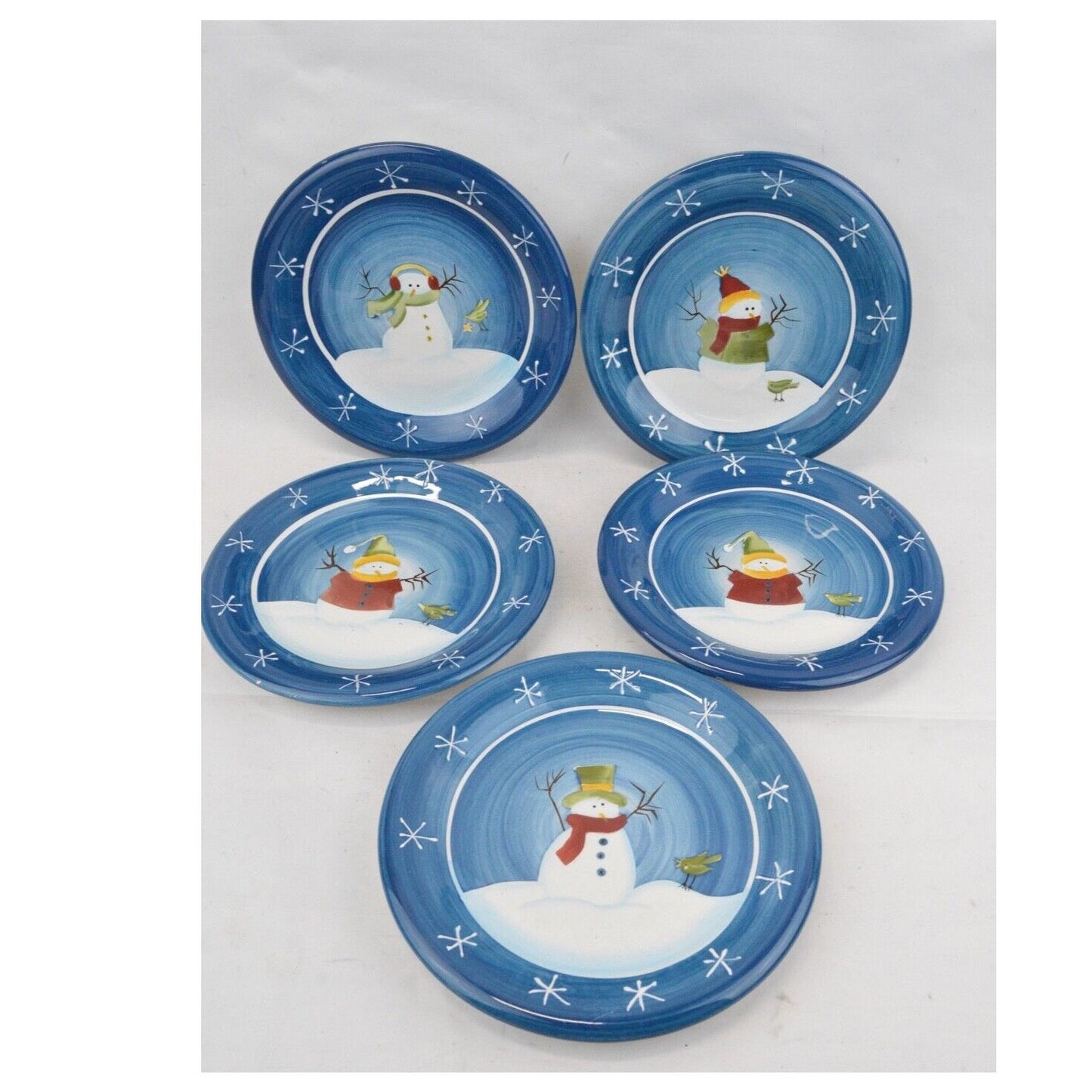 Set Of 5x Sonoma Salad Plates Blue Snowman Embossed Snowflakes Rim SOG18