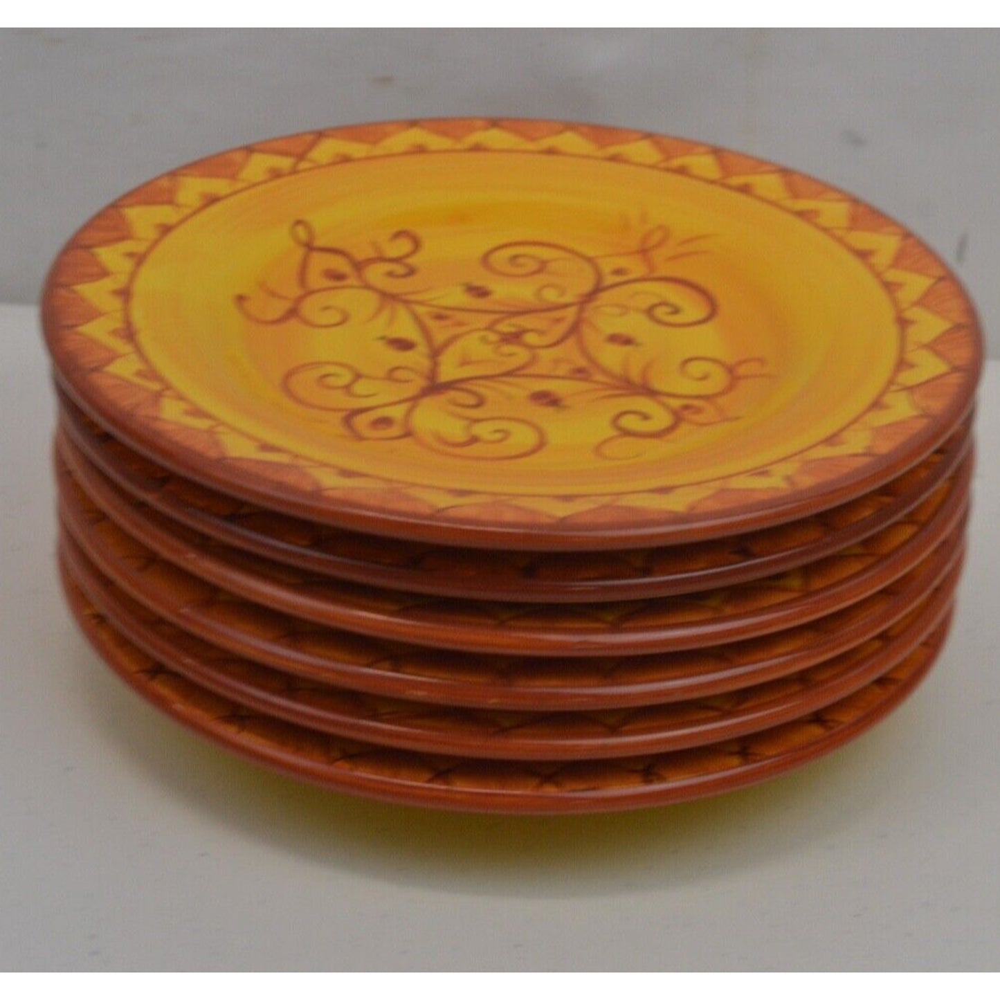 Set x6 Salad Plates Pier 1 Karistan 8-3/4'' Hand Painted Earthenware Orange 8''