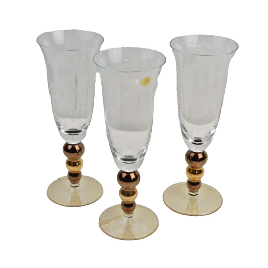 Set x3 Krosno Made In Poland Wine Glass Goblet Ball Gold Stem