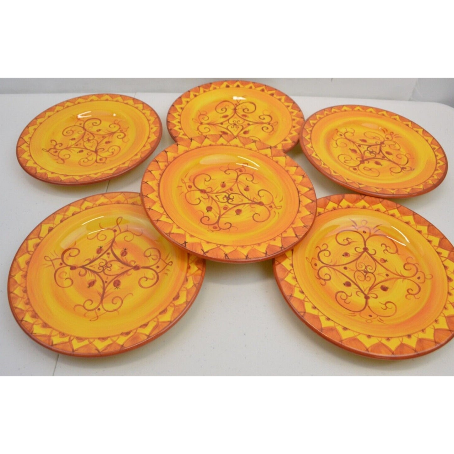 Set x6 Salad Plates Pier 1 Karistan 8-3/4'' Hand Painted Earthenware Orange 8''