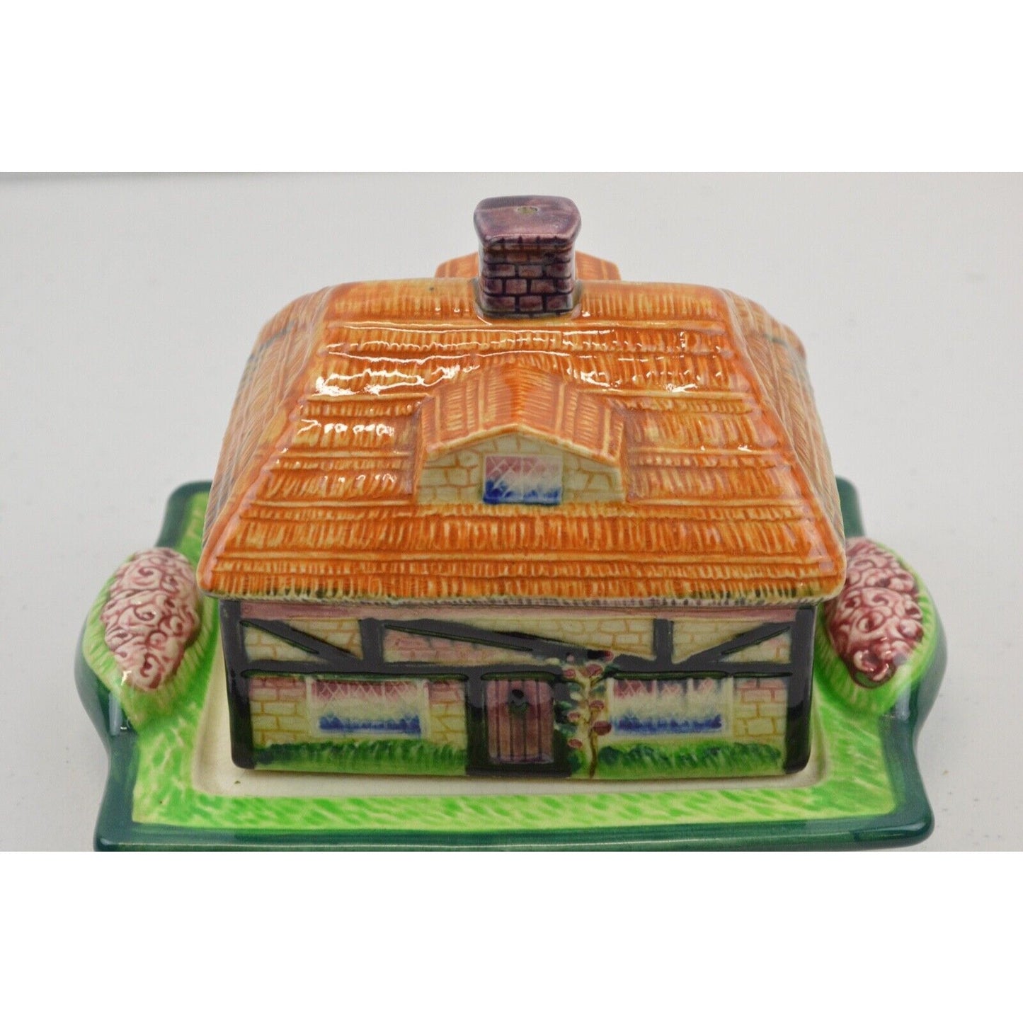 Marutomo Ware Farm House Butter Cheese Dish Keeper Canister Hand Painted Japan