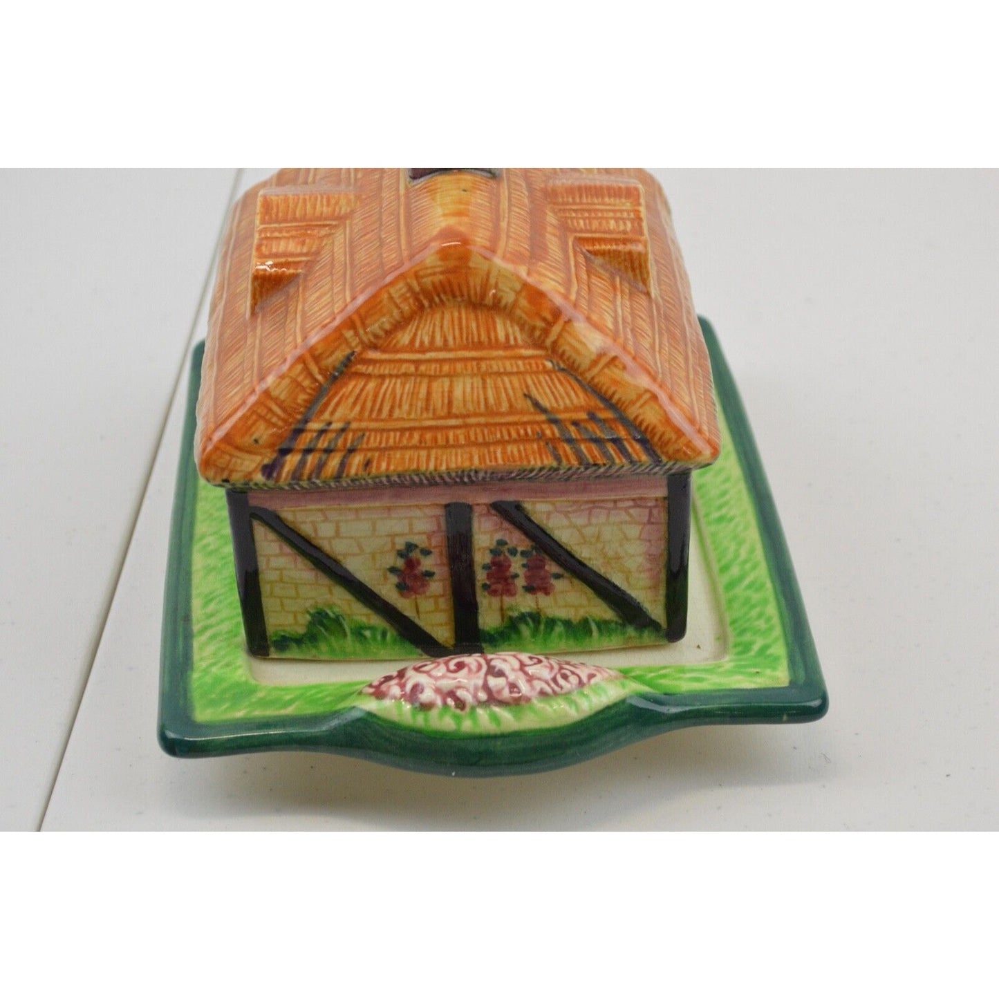 Marutomo Ware Farm House Butter Cheese Dish Keeper Canister Hand Painted Japan