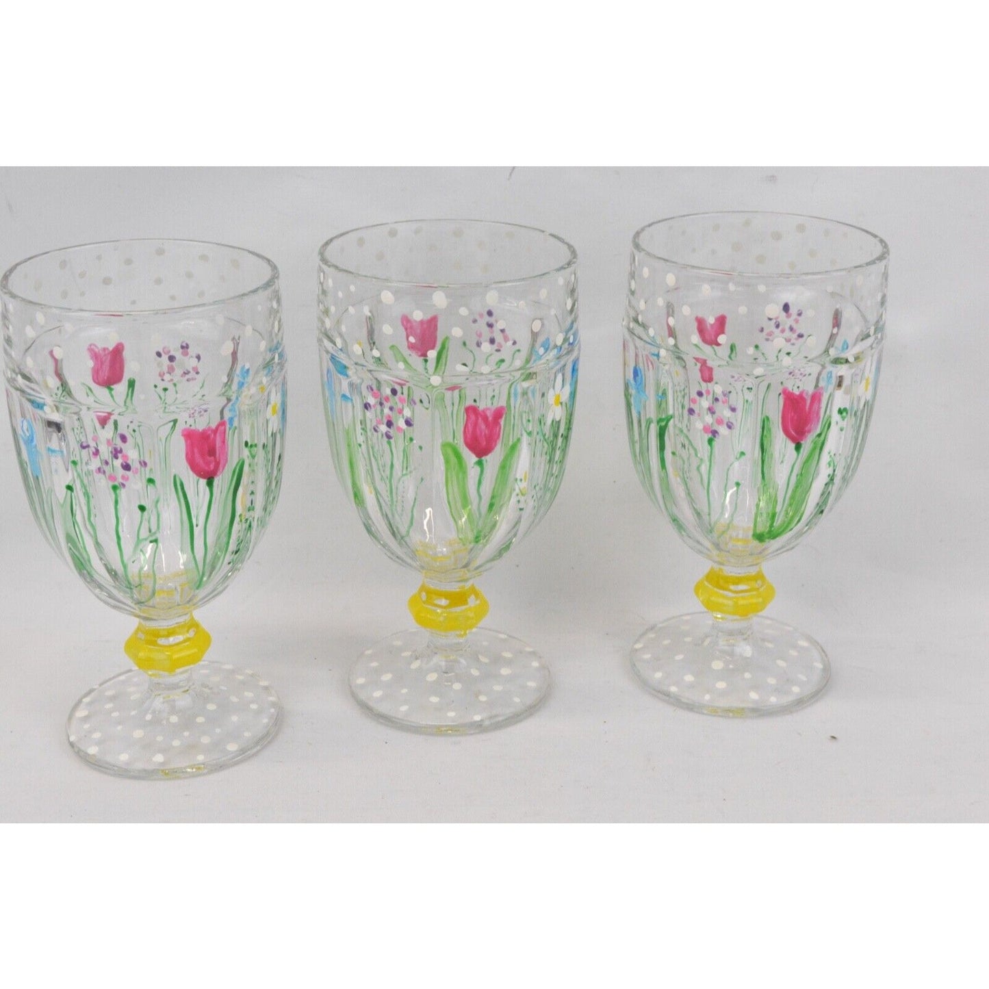 Set Of 3x Libbey Duratuff Hand Painted Floral Goblet Drinking Glass USA Daisies