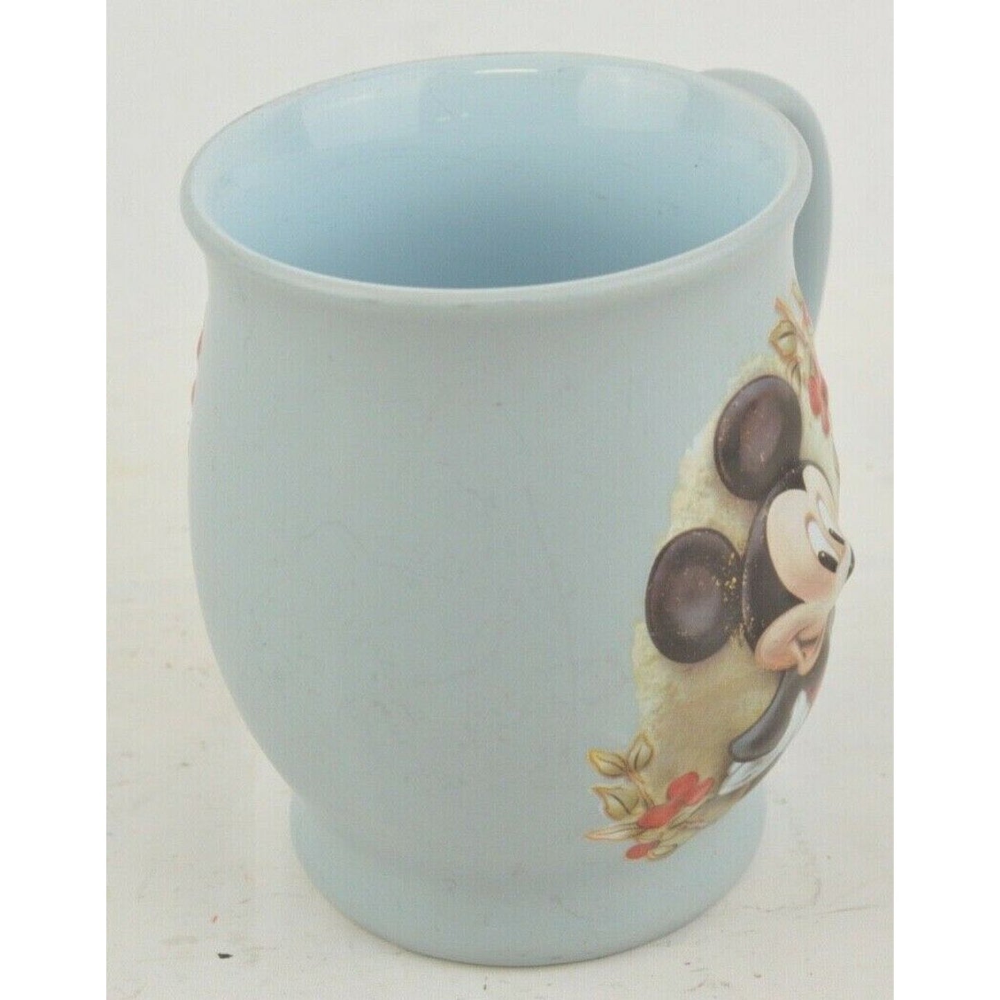 Mickey Mouse Ceramic Coffee Cup Mug Soft Blue 3D Raised Blue  Red Flowers Disney