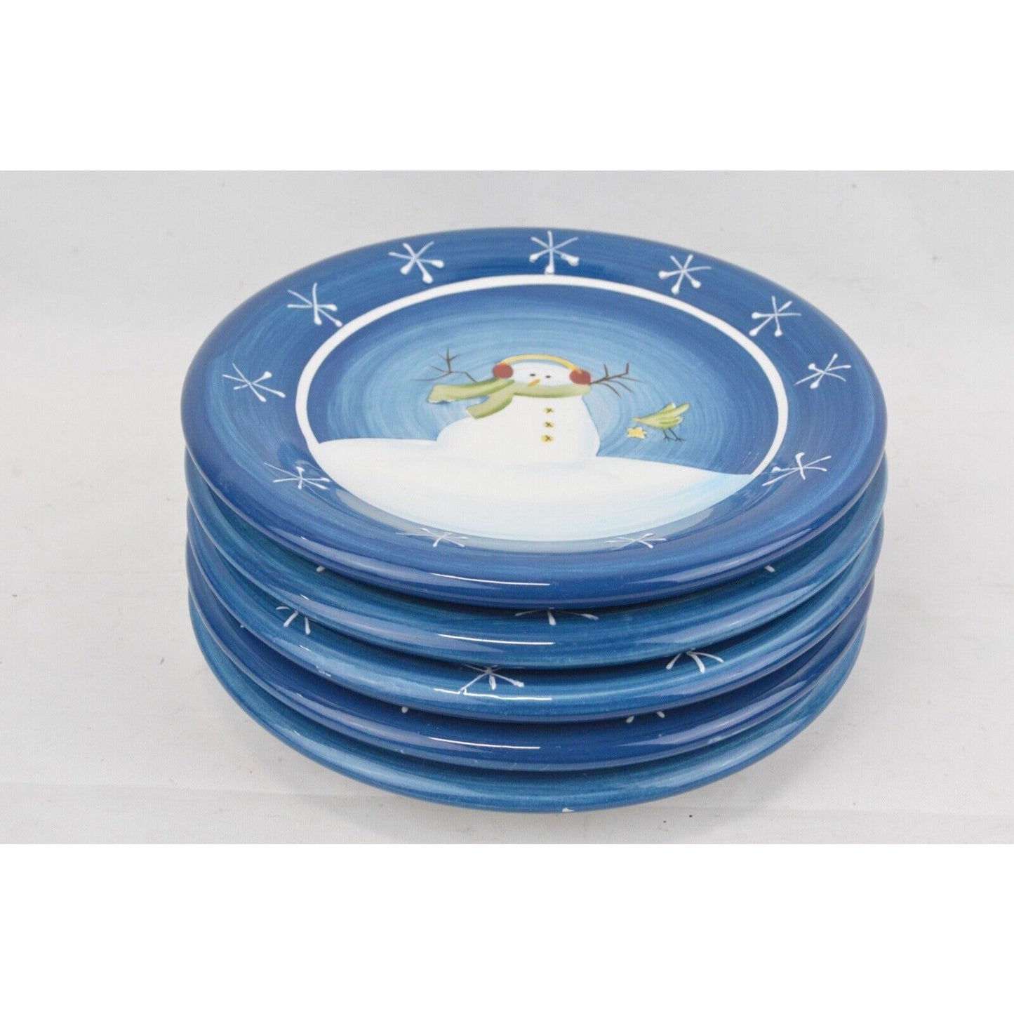 Set Of 5x Sonoma Salad Plates Blue Snowman Embossed Snowflakes Rim SOG18