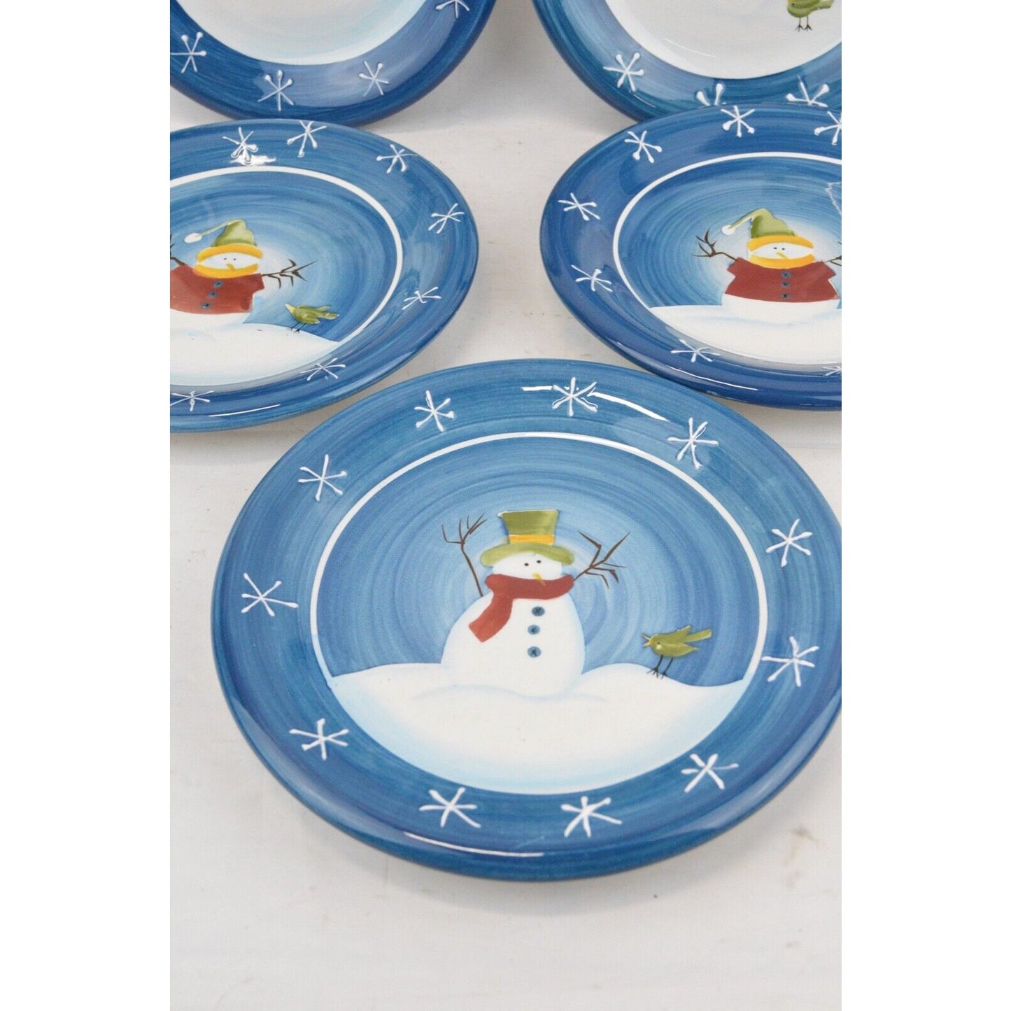 Set Of 5x Sonoma Salad Plates Blue Snowman Embossed Snowflakes Rim SOG18