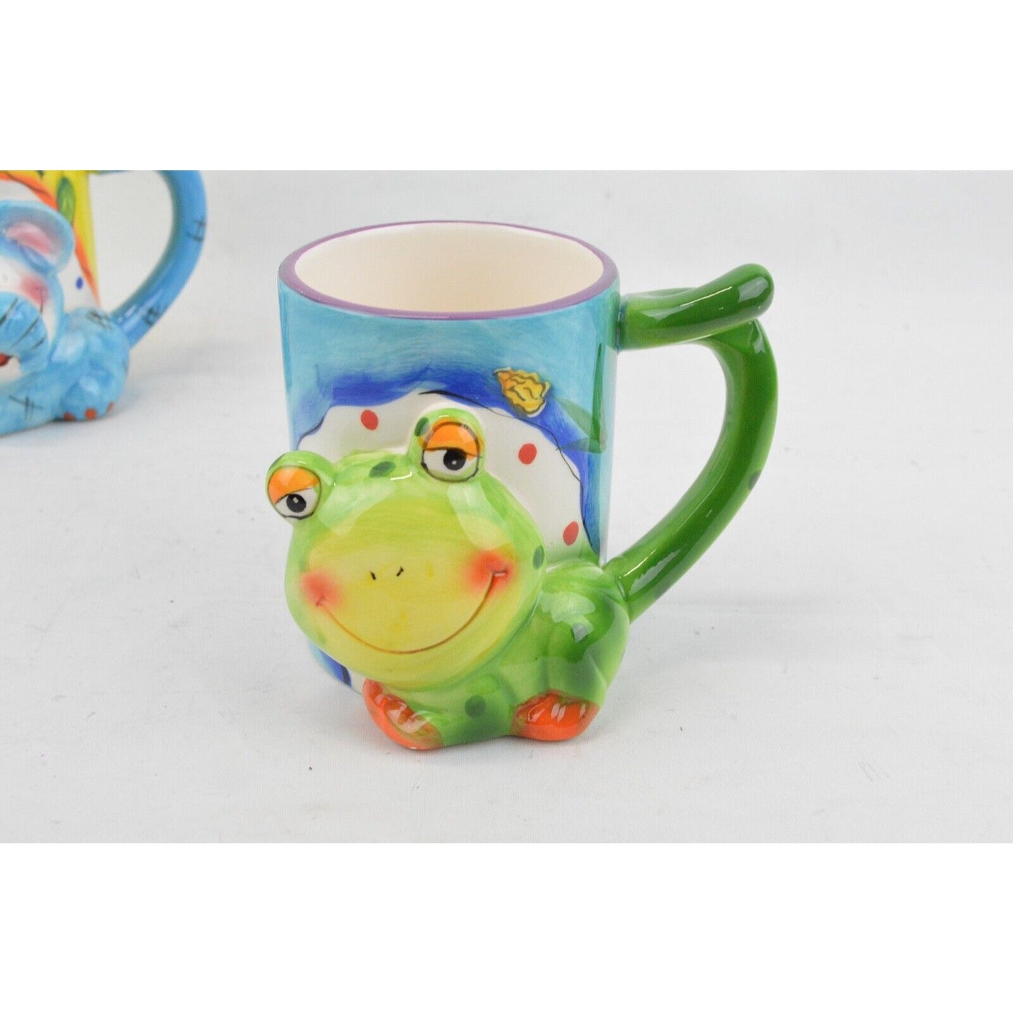 Set Of 3x Ceramic Coffee Mug Cup Animal Lion Frog Elephant 3D Color Hand Painted