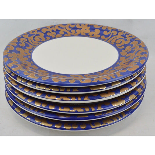 Set x6 Dinner Plates Blue Gold Scroll Varm Ceramica Italy F. Giorgi Royal 11''