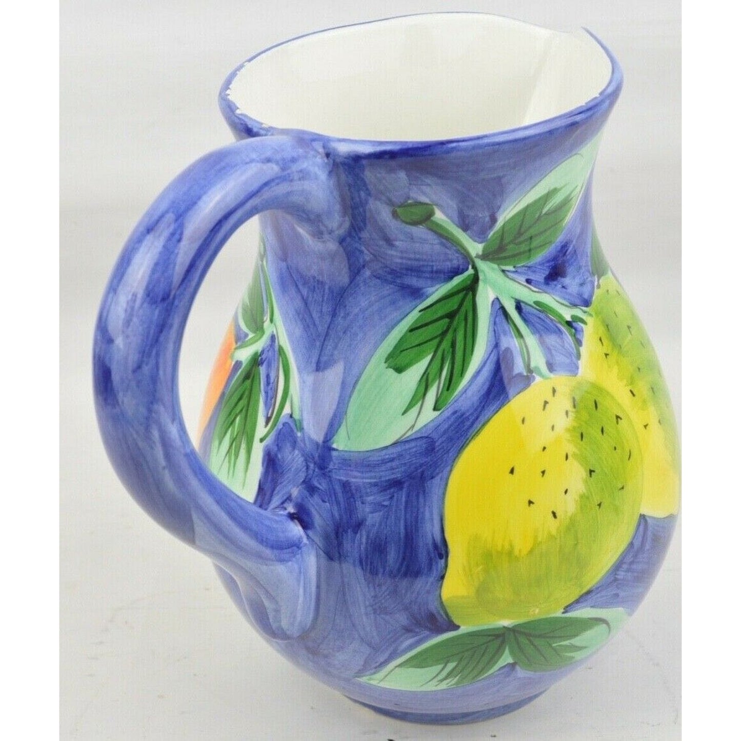 Ceramic Pitcher Colorful Fruit Blue Hand Painted Made in Italy by Ancora 8''