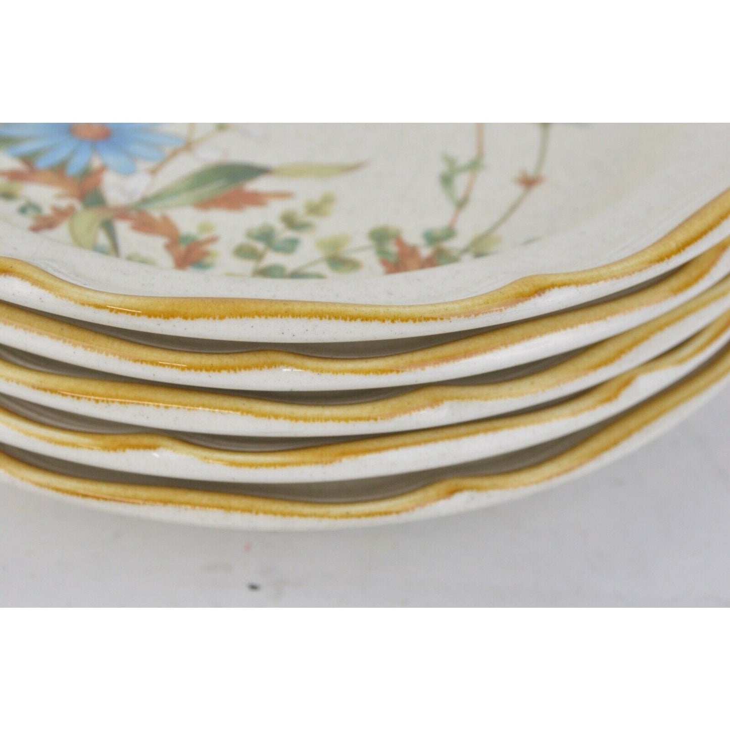 Set x5 Mikasa Stoneware Bowl Plate Blue Beige Daisies Pattern #EB 804 EUC Japan