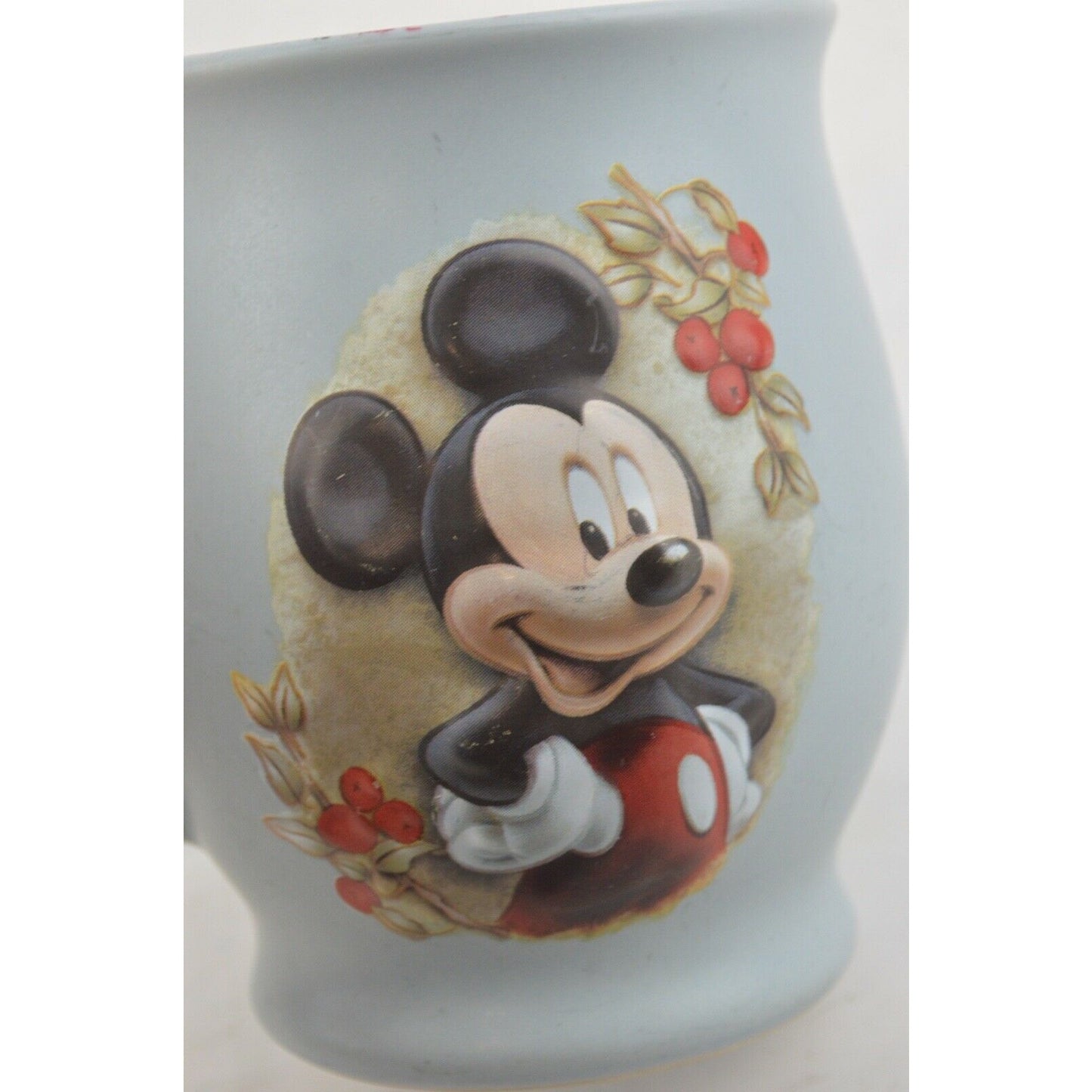 Mickey Mouse Ceramic Coffee Cup Mug Soft Blue 3D Raised Blue  Red Flowers Disney