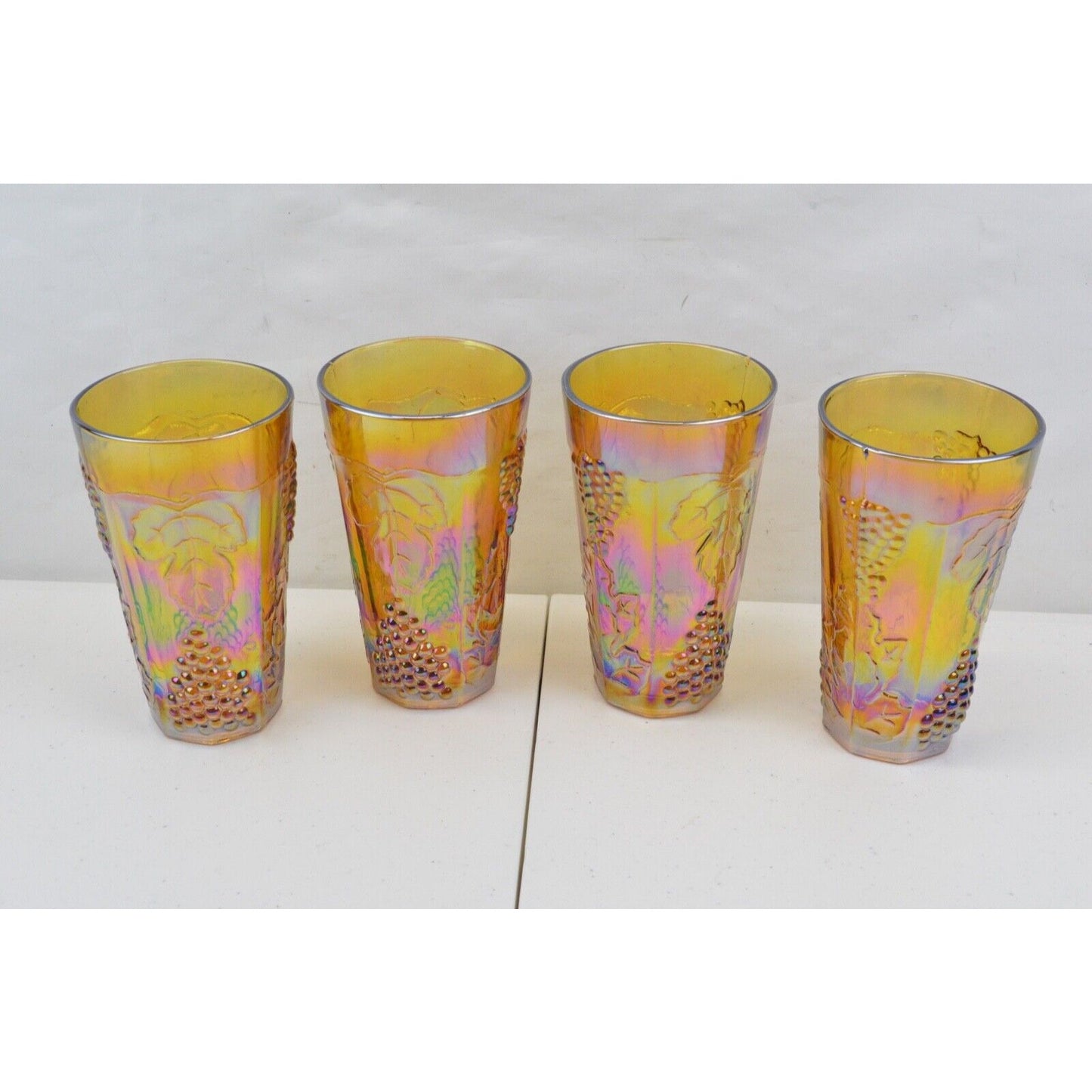 Set 4x Drinking Glasses Glass Vintage Indiana Harvest Grape Marigold Carnival