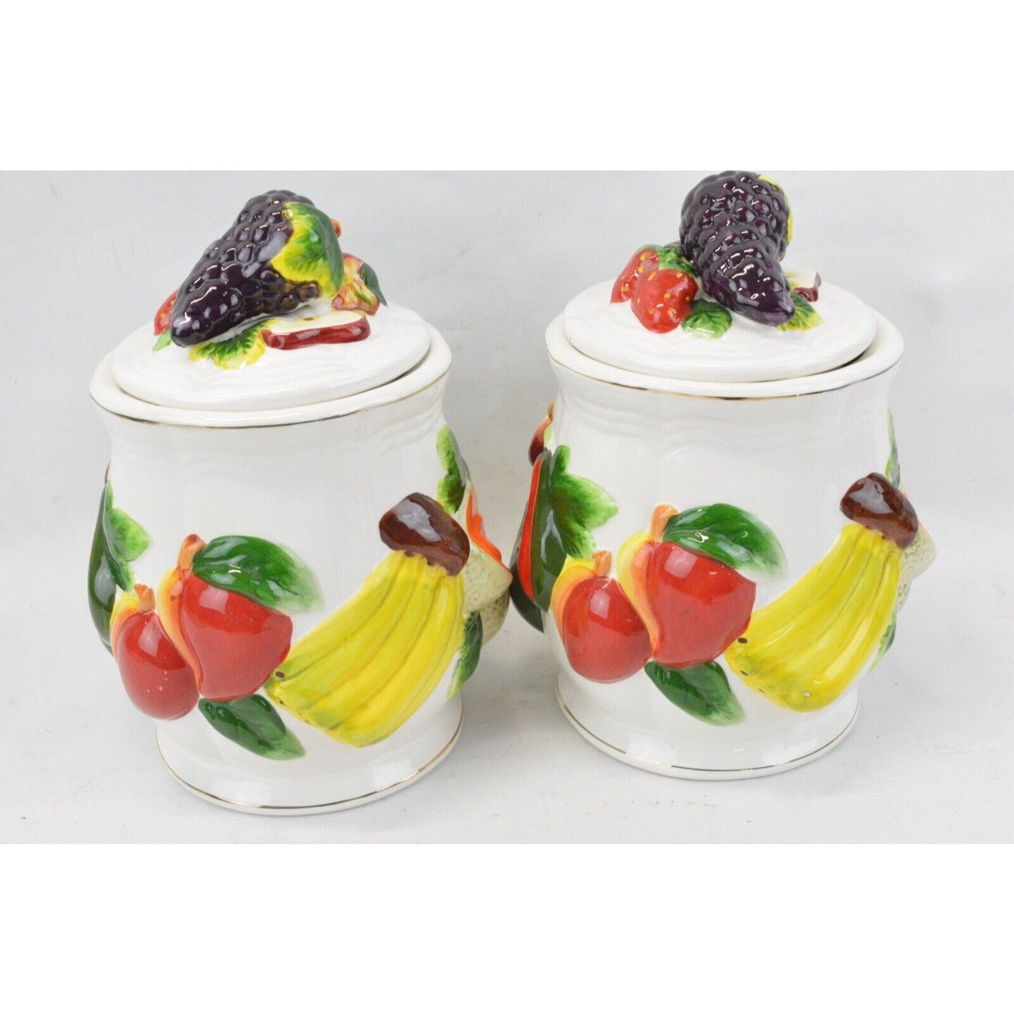 Set Of 2x Ceramic Canister Cookie Jar Vintage KMC Retro 3D Fruit Pattern Apples