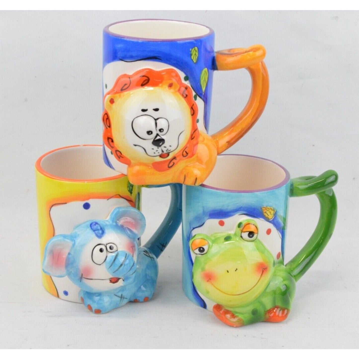 Set Of 3x Ceramic Coffee Mug Cup Animal Lion Frog Elephant 3D Color Hand Painted