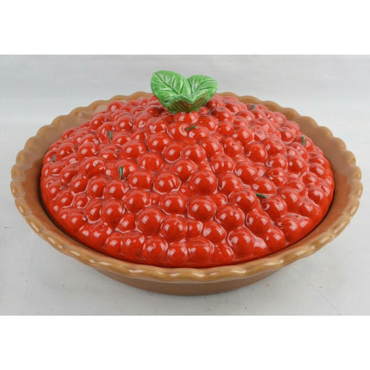 Ceramic Cherry Pie Fruit Design Plate Bake Dish Red W/Lid TREASURE CRAFT 13” USA