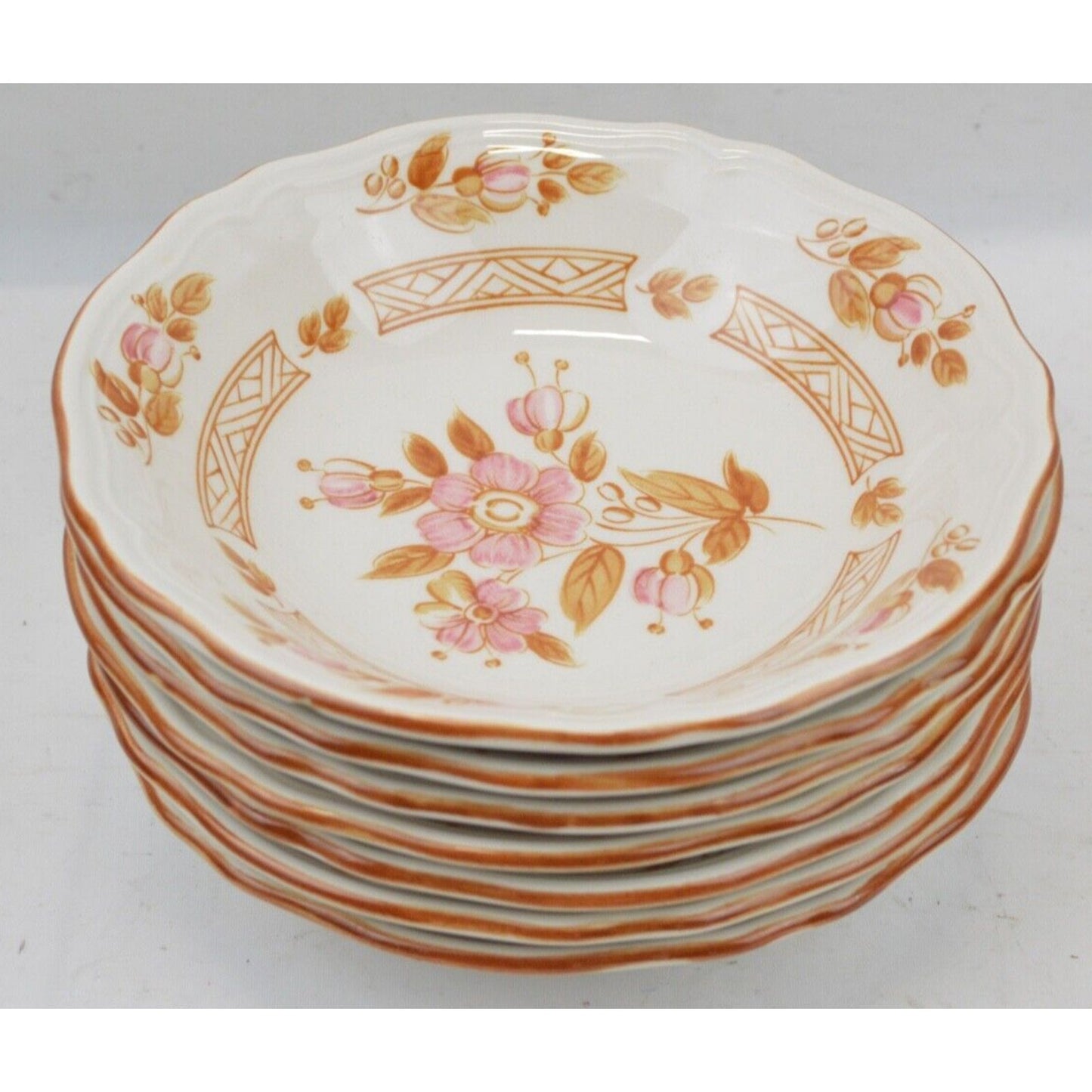 6x Soup Bowl Cereal Wicker Rose IRONSTONE Japan 4243 2-8 Tan Leaves Pink Flowers