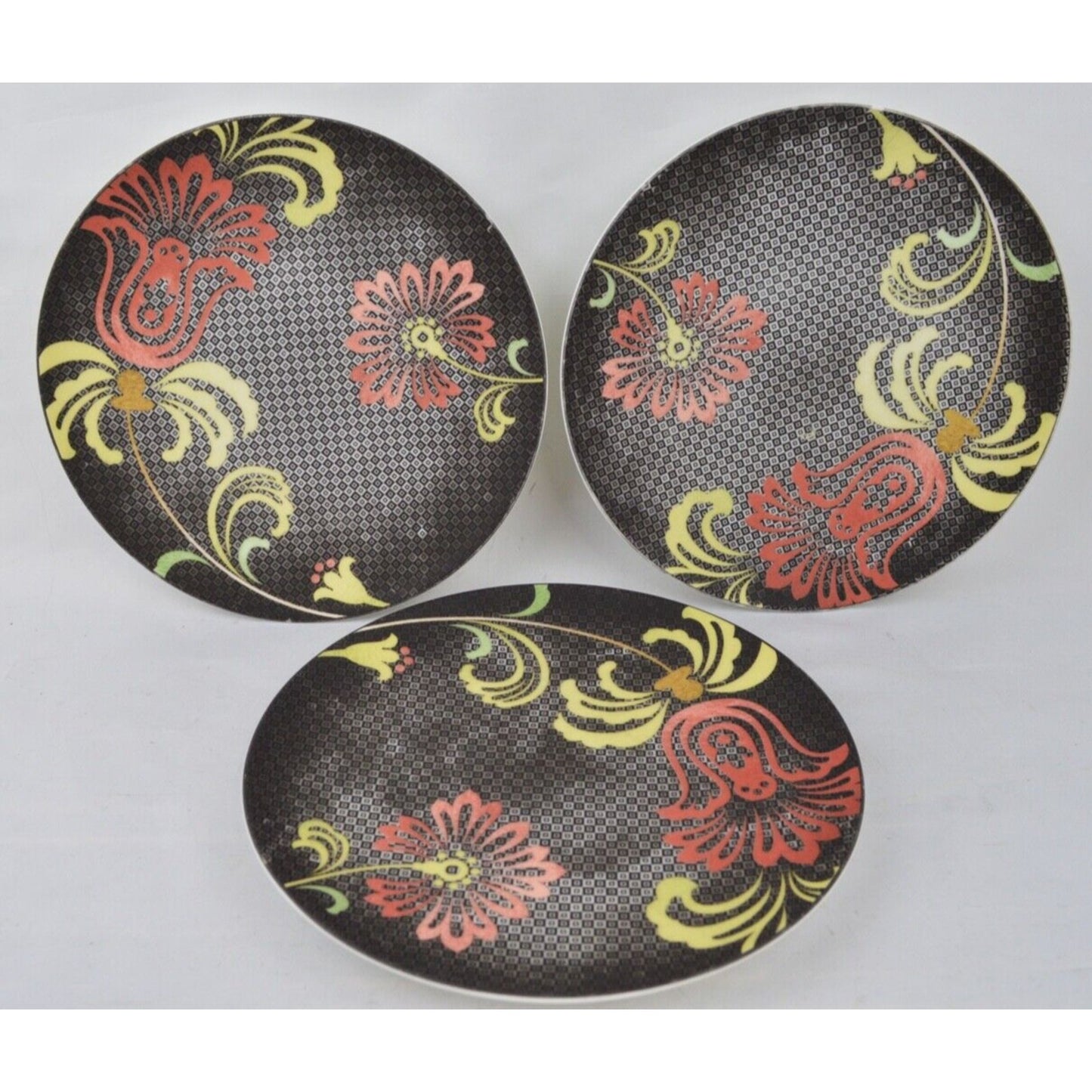 Set x9 Salad Plates Noritake Swing Black Red Matte Bone China 9337L Floral 9''