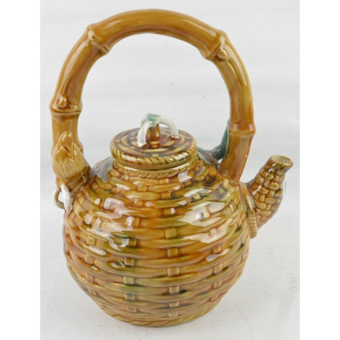 Vintage Tea Pot Chinese Pottery Weaved Majolica Style Basket Weave Bamboo 3D