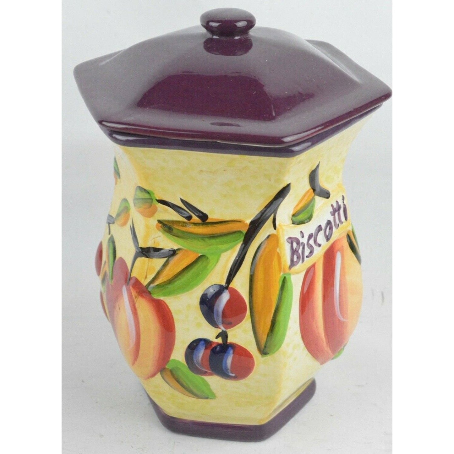 Biscotti Fruit Ceramic Cookie Canister Jar Hand Painted NONNI'S Purple Colorful