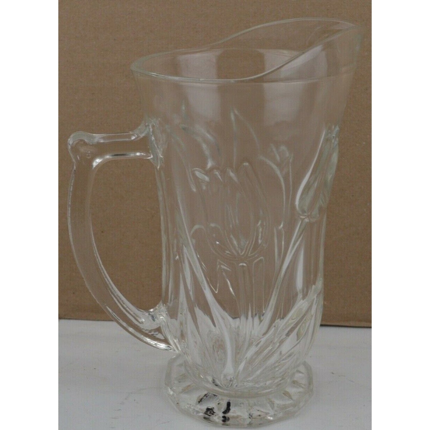 TY Clear Glass Pitcher Tankard Engraved Flowers