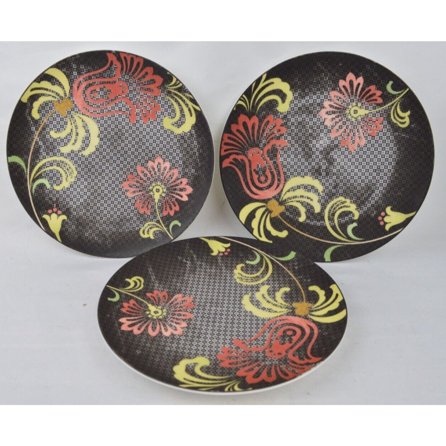 Set x9 Salad Plates Noritake Swing Black Red Matte Bone China 9337L Floral 9''