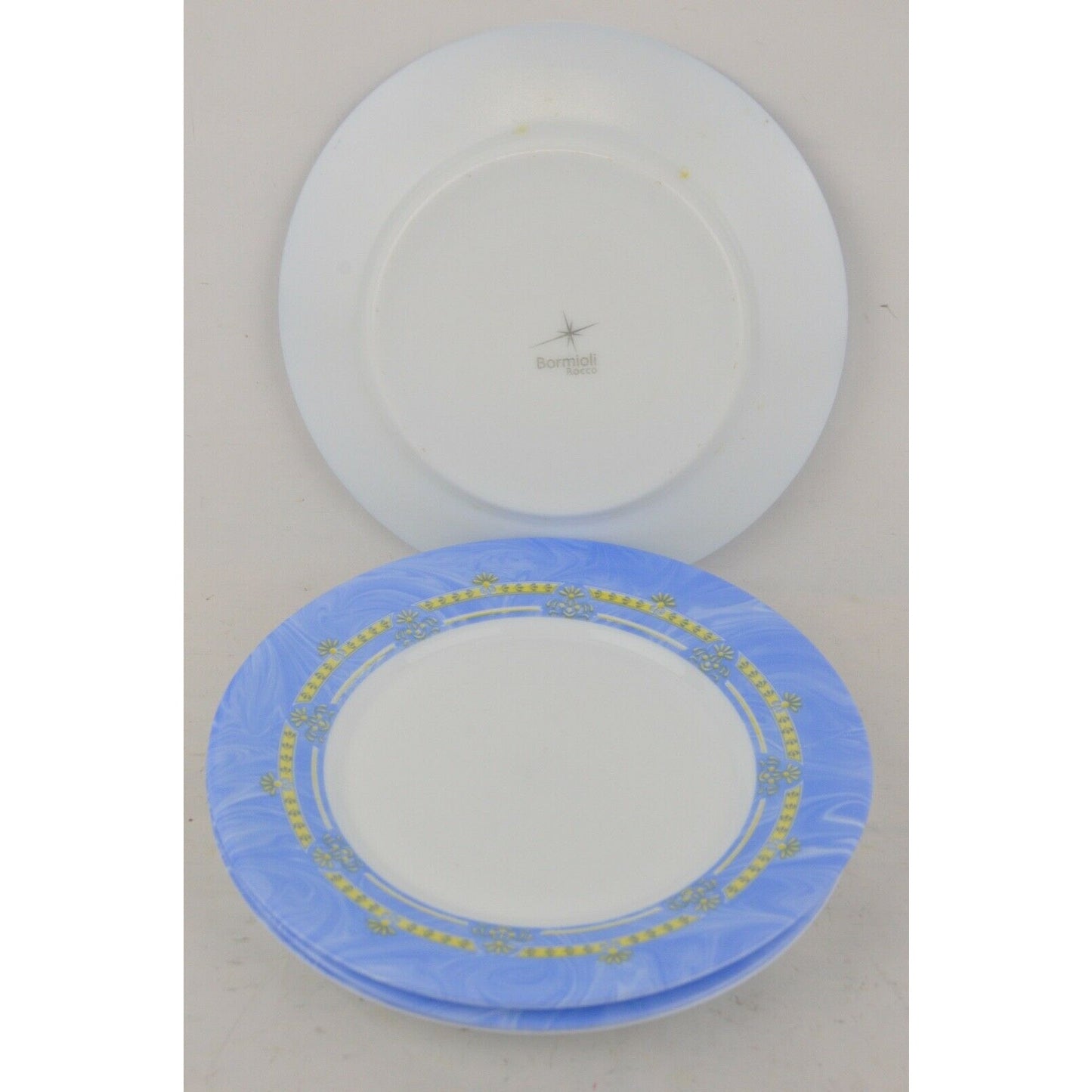 Set Of 4x Bormioli Rocco Salad Plate Blue Gold White Made Spain #43 7"