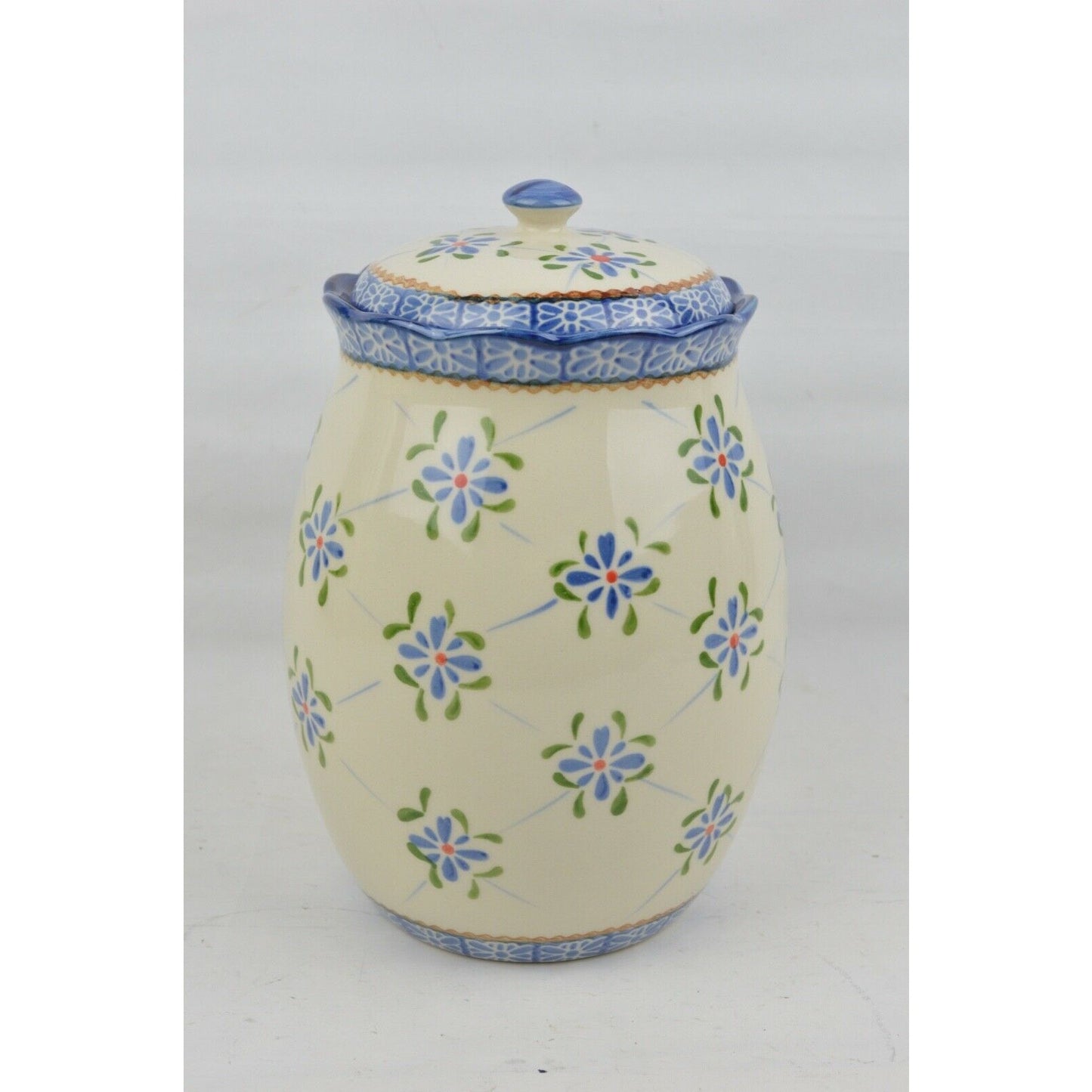 Ceramic Canister Cookie Jar Temptations Trellis By Tona 2.0 QT Blue Floral