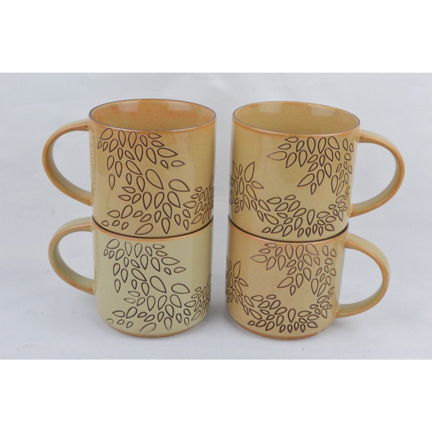 Set Of 4x Coffee Mug Cup Starbucks 2013 Brown Tan Engraved Leaves 14oz Ceramic