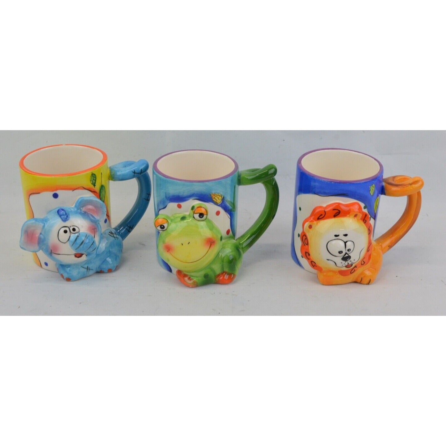 Set Of 3x Ceramic Coffee Mug Cup Animal Lion Frog Elephant 3D Color Hand Painted