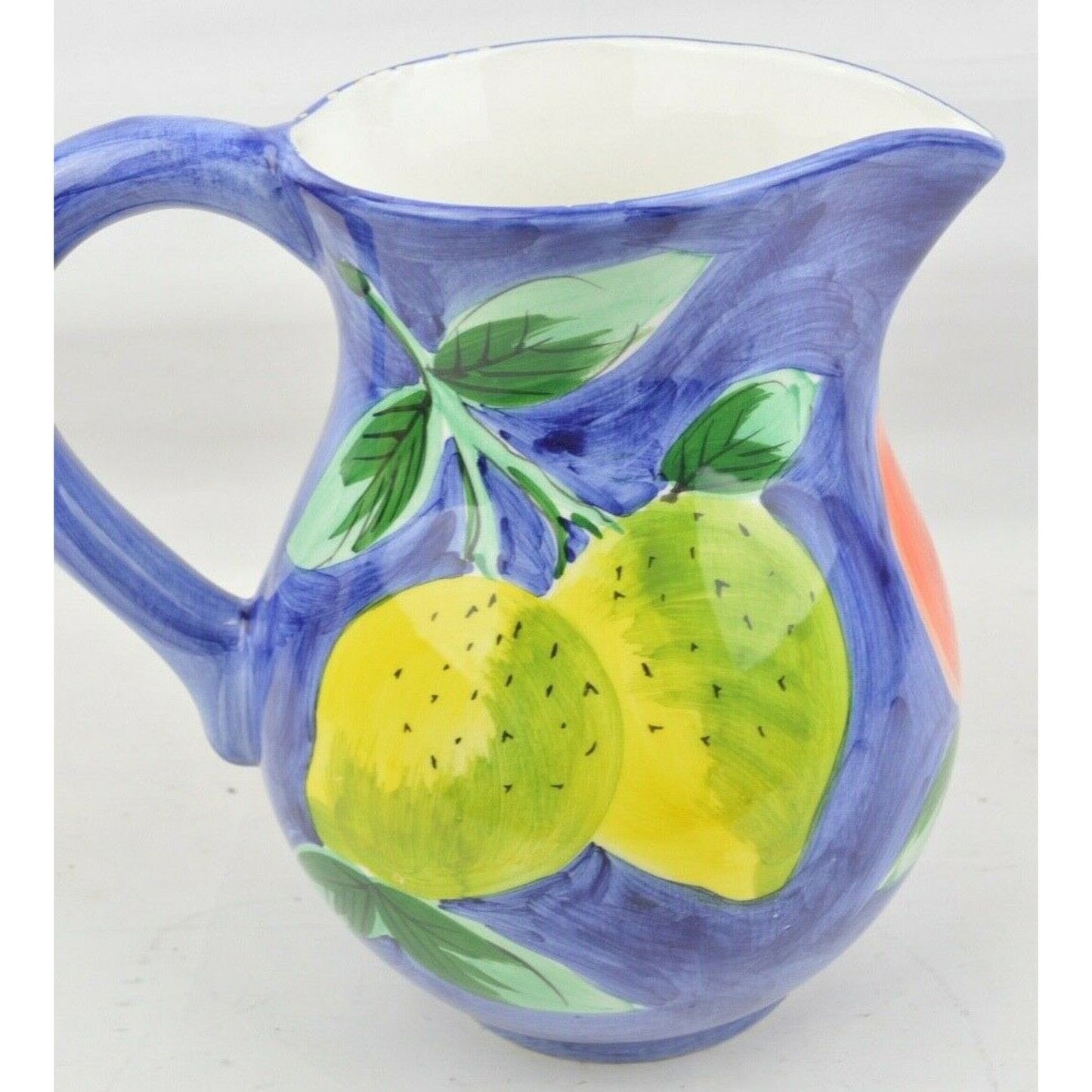 Ceramic Pitcher Colorful Fruit Blue Hand Painted Made in Italy by Ancora 8''