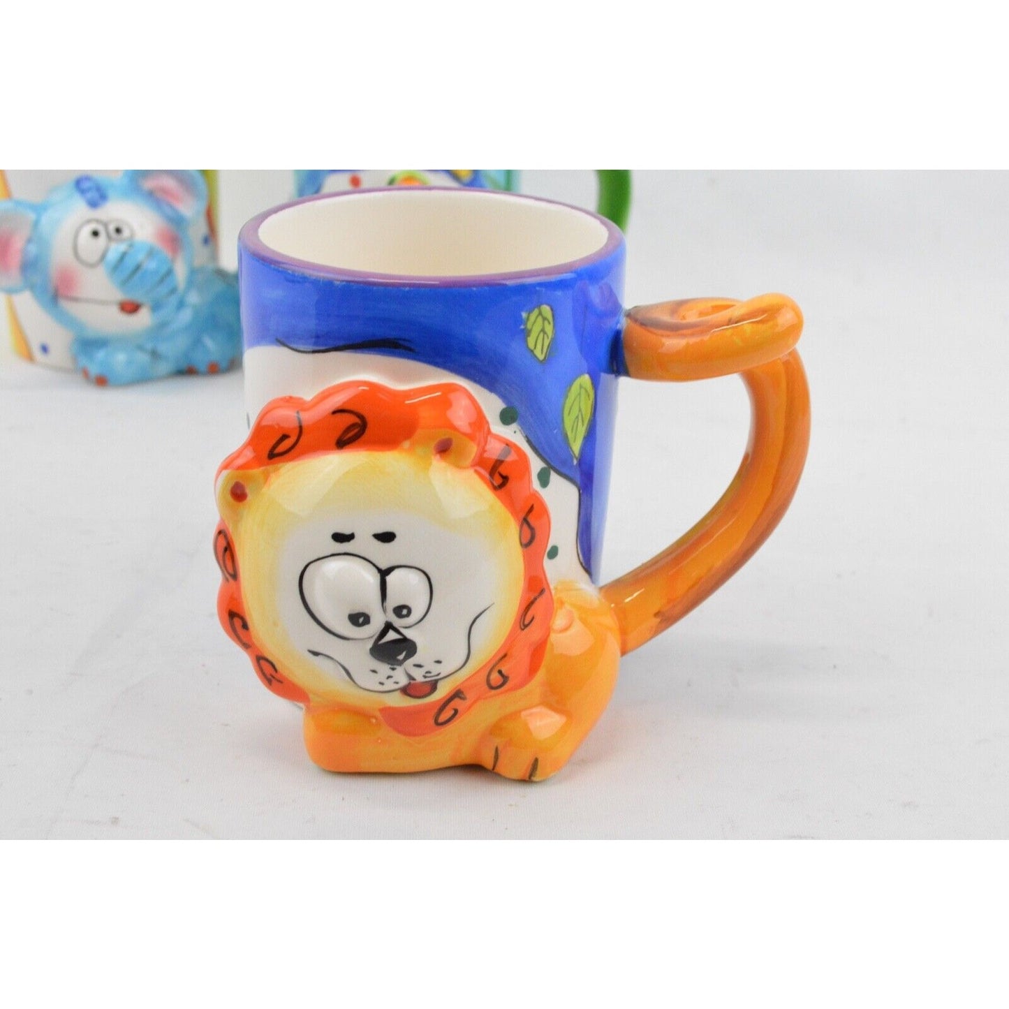 Set Of 3x Ceramic Coffee Mug Cup Animal Lion Frog Elephant 3D Color Hand Painted