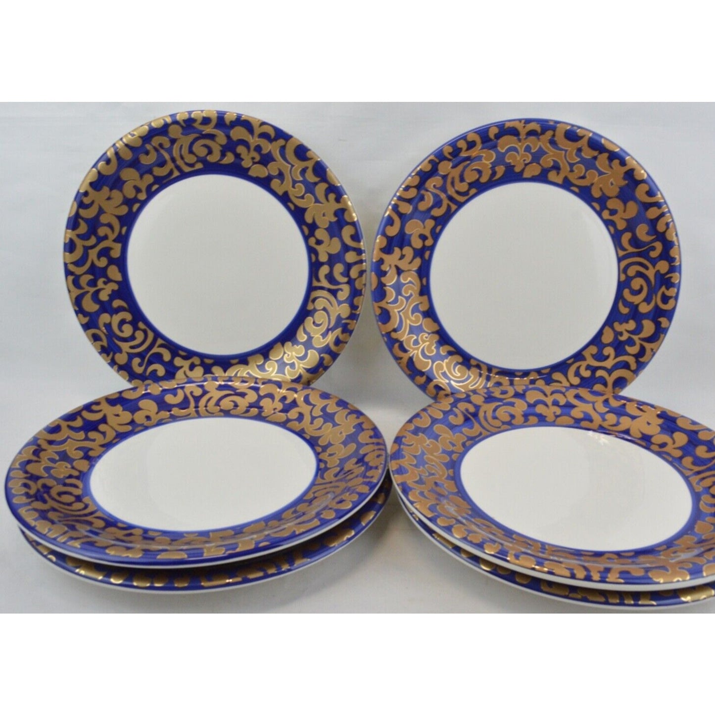 Set x6 Dinner Plates Blue Gold Scroll Varm Ceramica Italy F. Giorgi Royal 11''