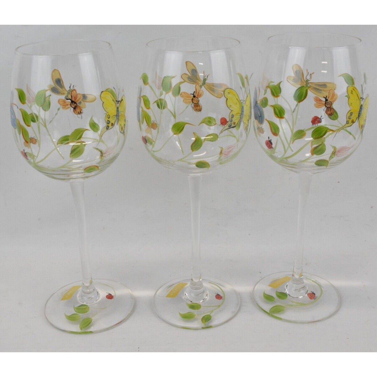 Set Of 3x Lenox Butterfly Meadow Hand Painted Wine Glasses Ladybug Flowers