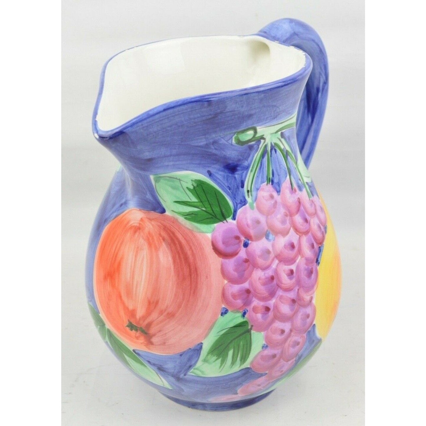 Ceramic Pitcher Colorful Fruit Blue Hand Painted Made in Italy by Ancora 8''