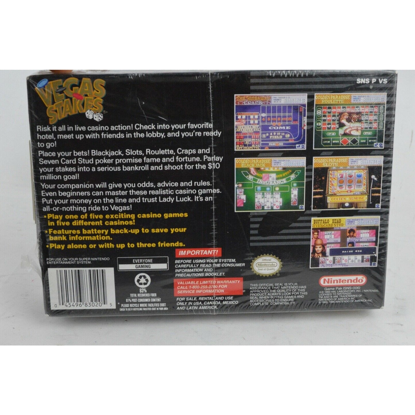 Vegas Stakes Super Nintendo System Video Game DAMAGED BOX