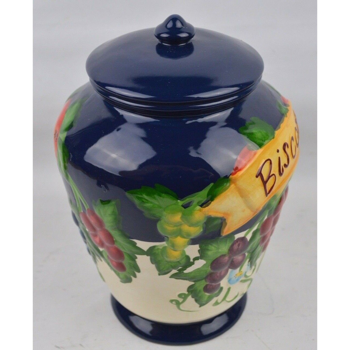 Ceramic Cookie Jar Canister Nonni's biscotti Blue Tuscany Grapes Hand painted