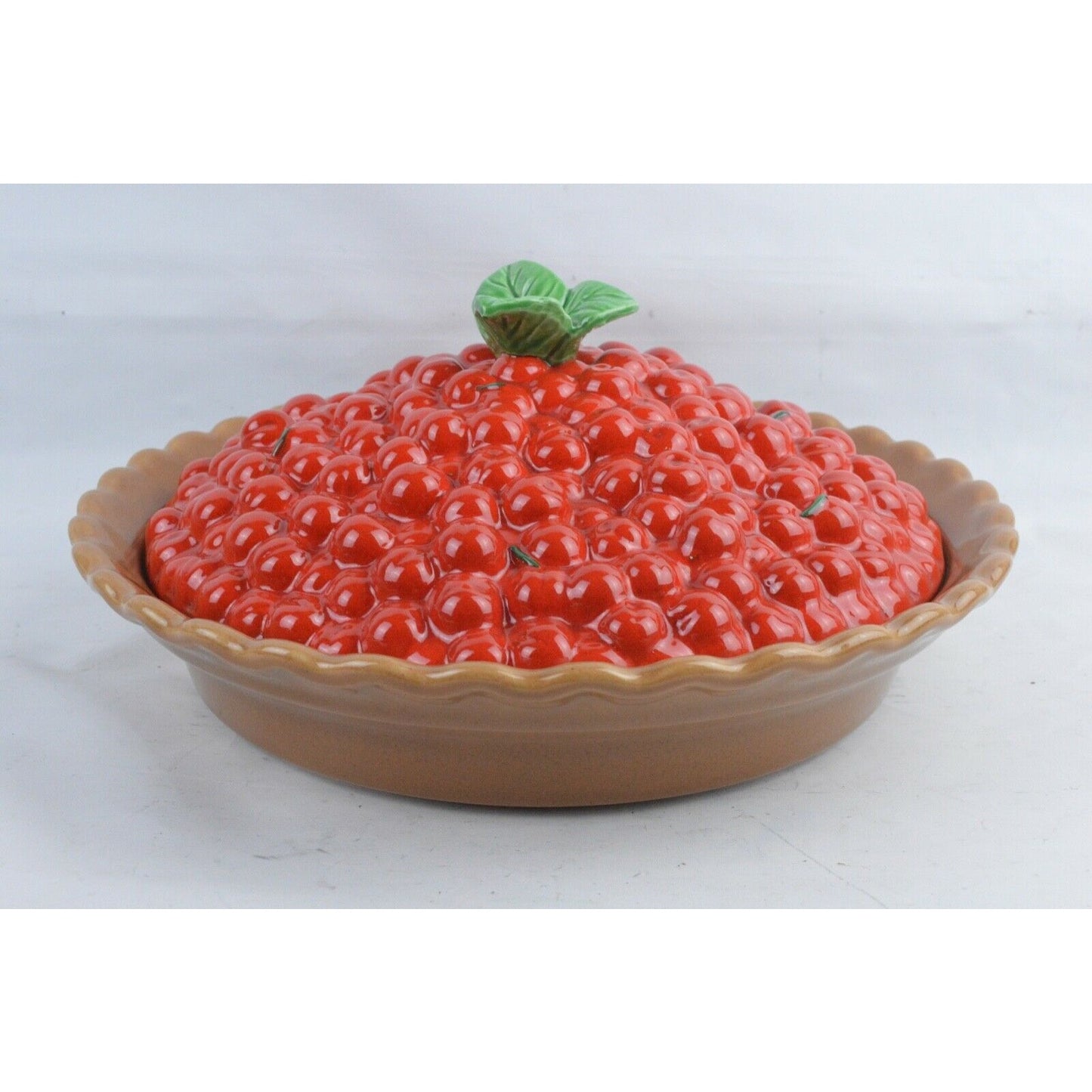 Ceramic Cherry Pie Fruit Design Plate Bake Dish Red W/Lid TREASURE CRAFT 13” USA