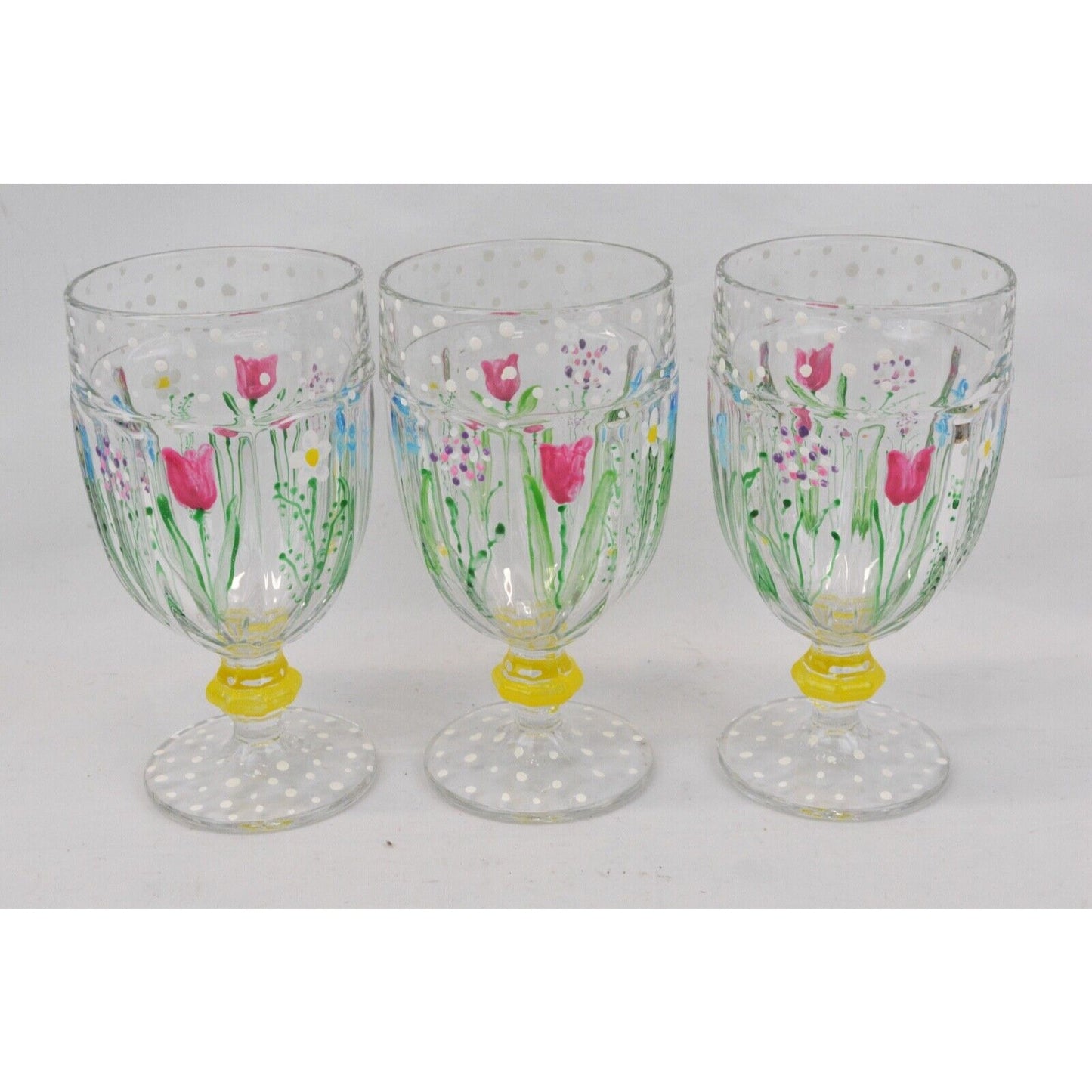 Set Of 3x Libbey Duratuff Hand Painted Floral Goblet Drinking Glass USA Daisies