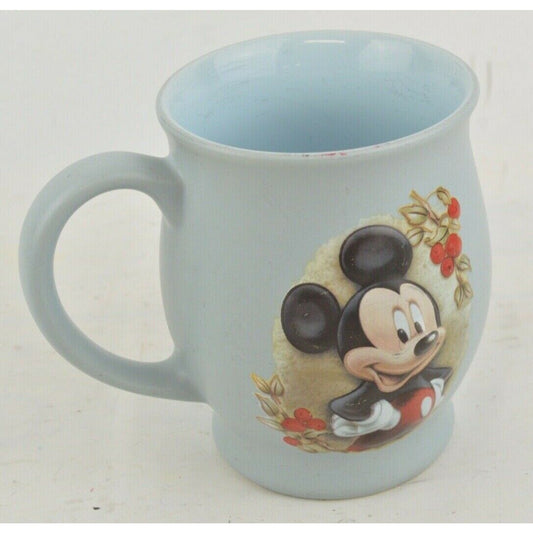 Mickey Mouse Ceramic Coffee Cup Mug Soft Blue 3D Raised Blue  Red Flowers Disney