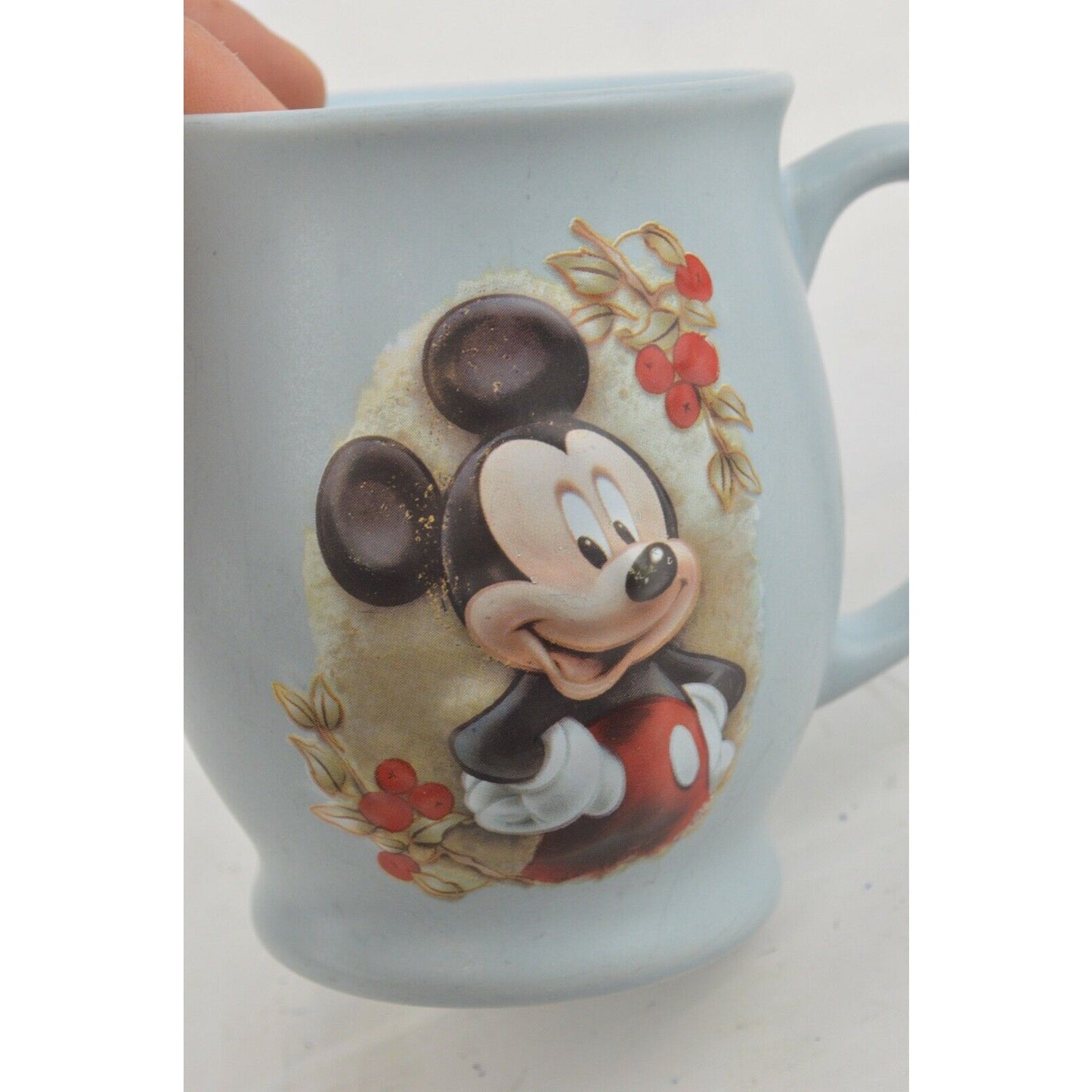 Mickey Mouse Ceramic Coffee Cup Mug Soft Blue 3D Raised Blue  Red Flowers Disney