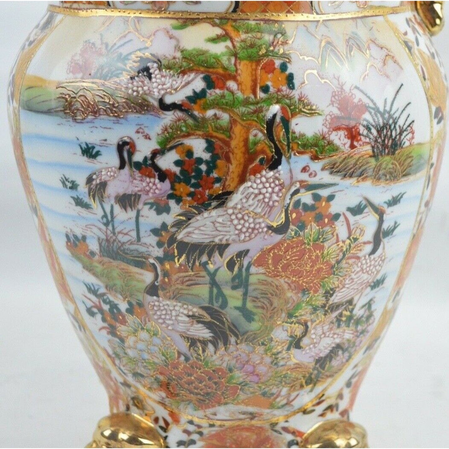 Japanese Moriage Antique Satsuma Vase Handle Floral Gold Trim Garden Made China