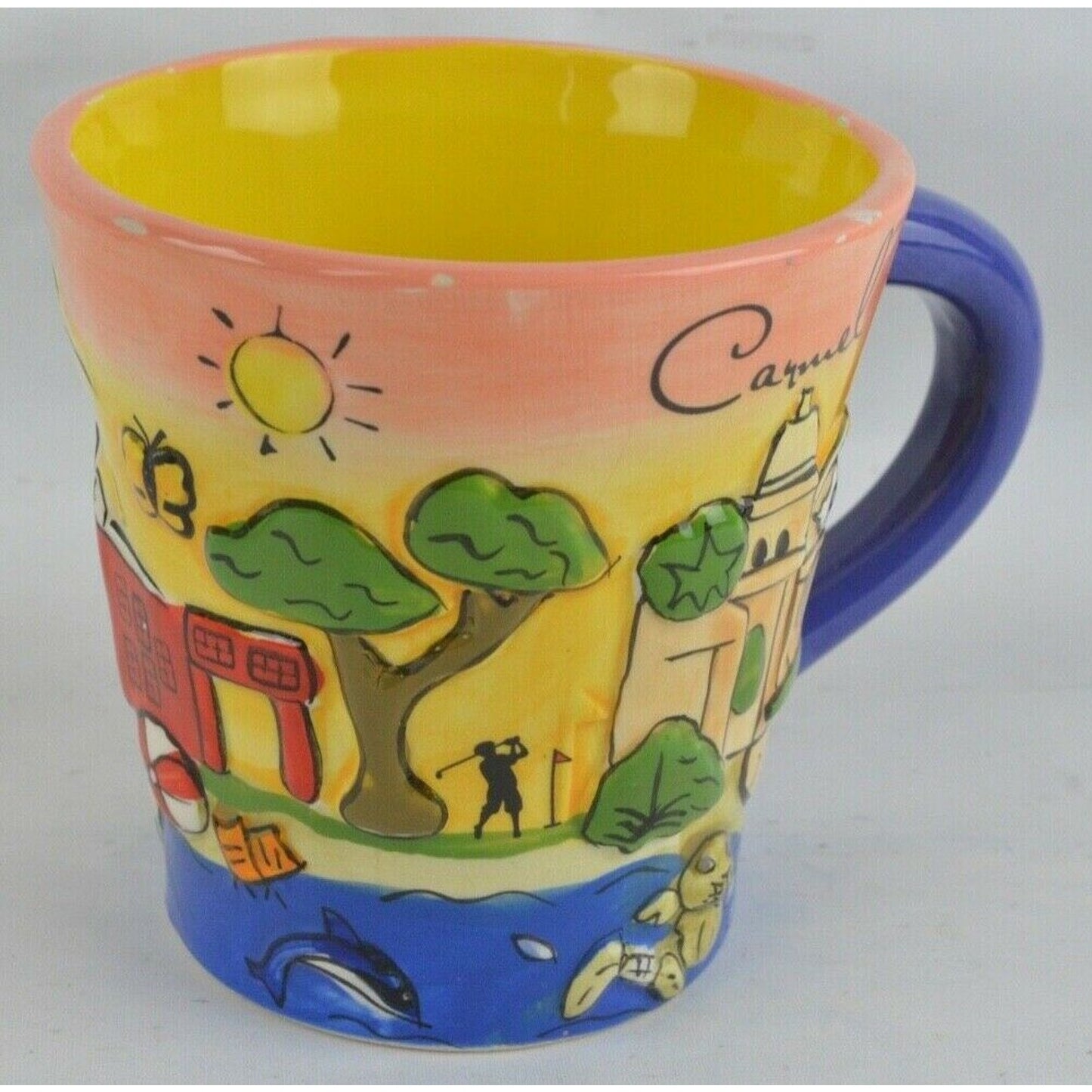 NOVELTY City Ceramic Coffee Mug Monterey Carmel Hand Painted Puff Trumpet