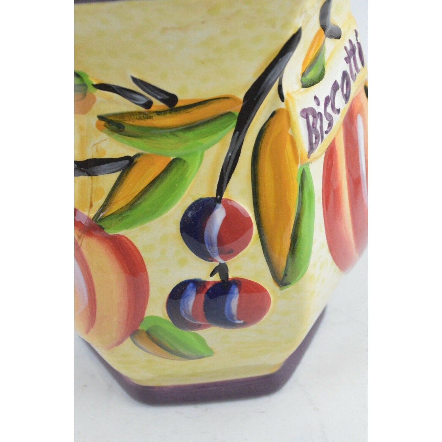 Biscotti Fruit Ceramic Cookie Canister Jar Hand Painted NONNI'S Purple Colorful