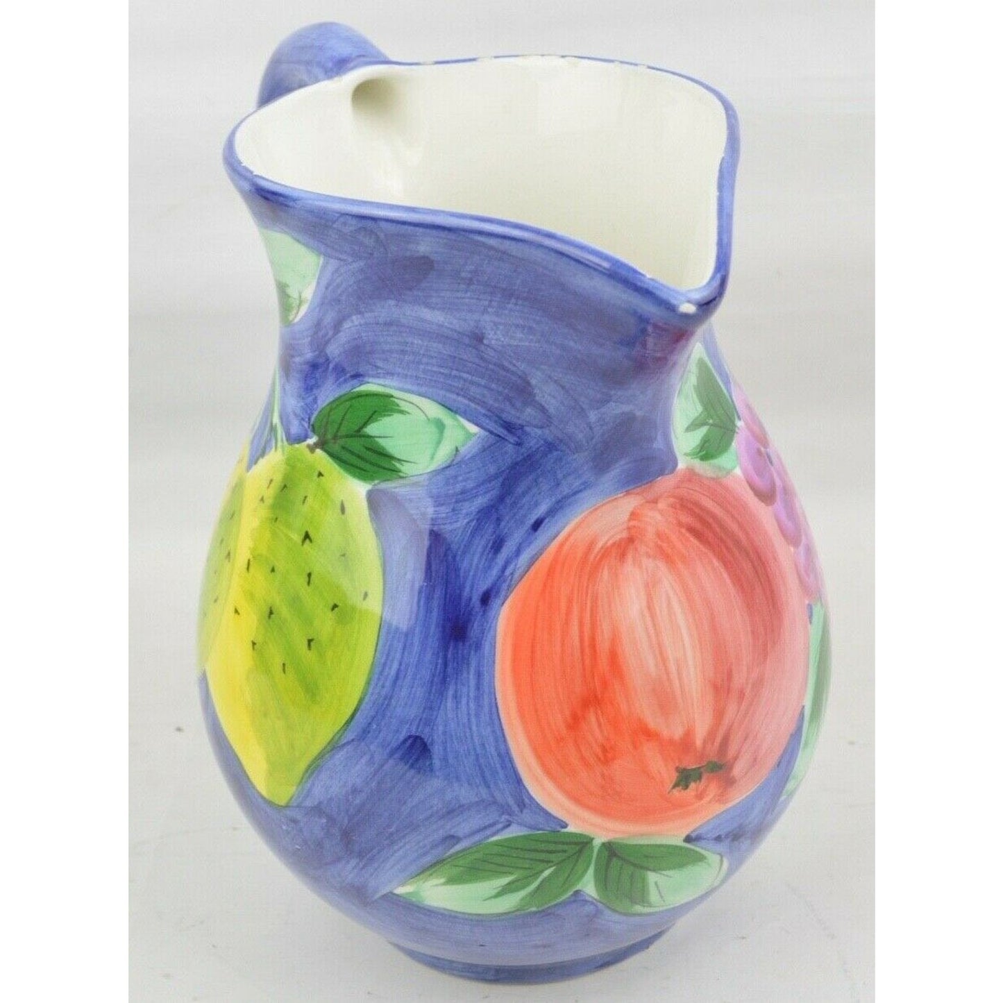 Ceramic Pitcher Colorful Fruit Blue Hand Painted Made in Italy by Ancora 8''