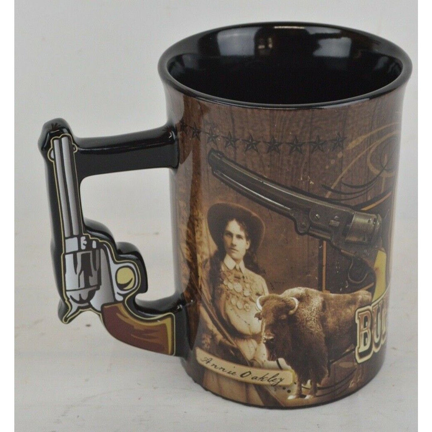 Buffalo Bill's Wild West Ceramic Coffee Mug Cup Brown Gun Handle 3D